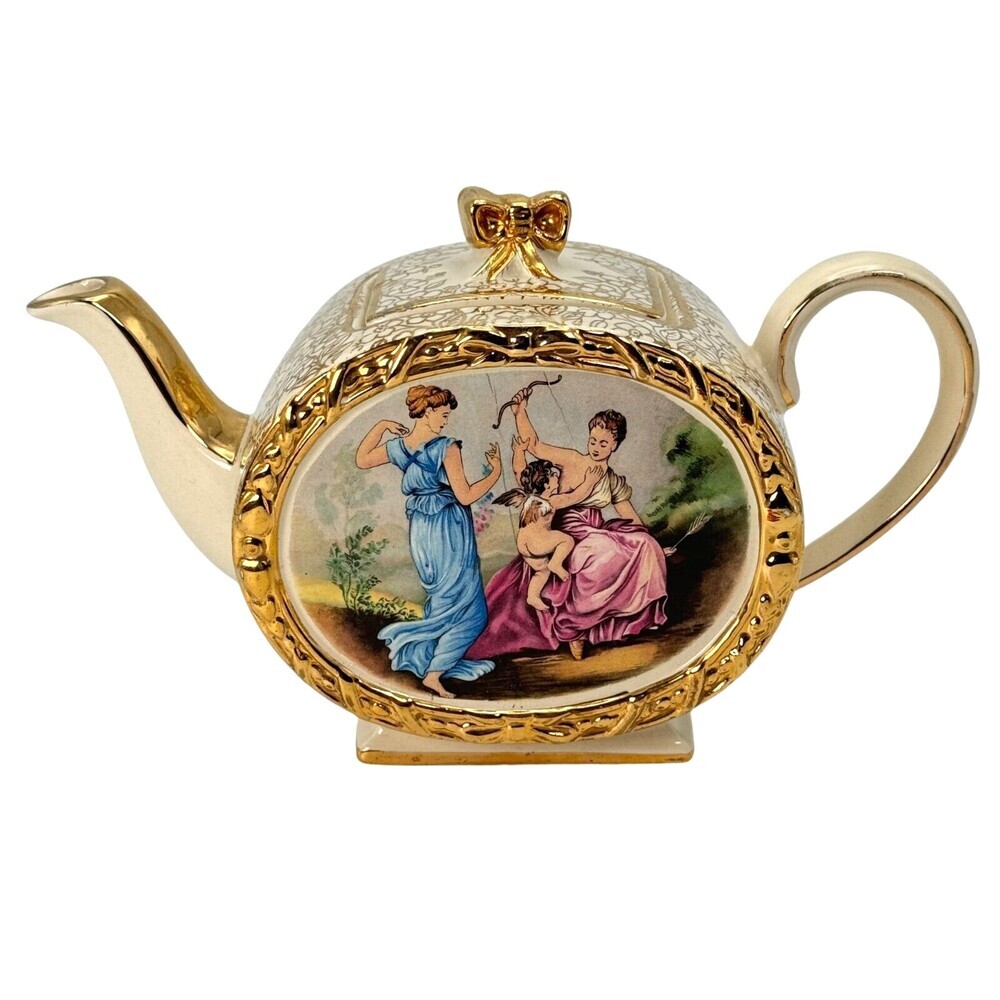 Sadler England Cherub Barrel Teapot Ceramic Vintage 1940's Tea Pot Gold Ivory